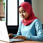 A young Malaysian female student entrepreneur, mid-teenager, fully clothed in a modest long-sleeved top and a contemporary hijab, appropriate attire for a young professional. She is focused on a laptop screen, engaged in online business, with small, unbranded creative products like custom bookmarks on the tidy desk. Her hands are naturally positioned on the keyboard. The setting is a bright, modern home study space bathed in natural daylight from a window, with a softly blurred background. Professional photography, high resolution, soft lighting, sharp focus. Perfect anatomy, correct proportions, well-formed hands, proper finger count, natural body proportions, natural pose. Safe for work, appropriate content, fully clothed, professional, modest, family-friendly.