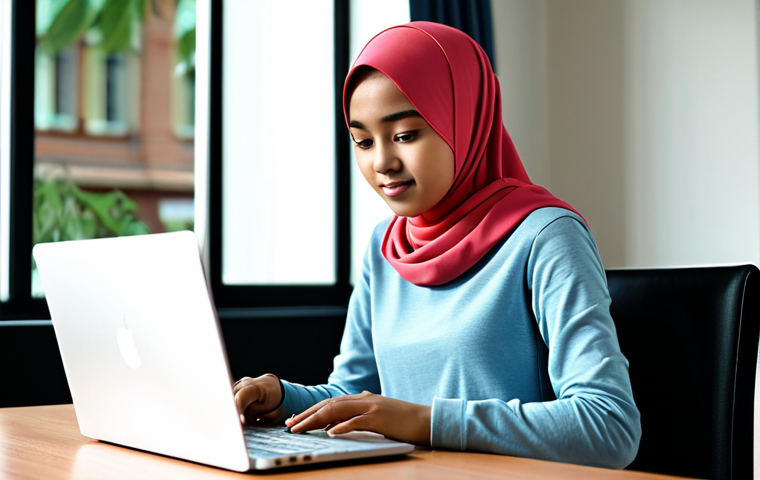 A young Malaysian female student entrepreneur, mid-teenager, fully clothed in a modest long-sleeved top and a contemporary hijab, appropriate attire for a young professional. She is focused on a laptop screen, engaged in online business, with small, unbranded creative products like custom bookmarks on the tidy desk. Her hands are naturally positioned on the keyboard. The setting is a bright, modern home study space bathed in natural daylight from a window, with a softly blurred background. Professional photography, high resolution, soft lighting, sharp focus. Perfect anatomy, correct proportions, well-formed hands, proper finger count, natural body proportions, natural pose. Safe for work, appropriate content, fully clothed, professional, modest, family-friendly.